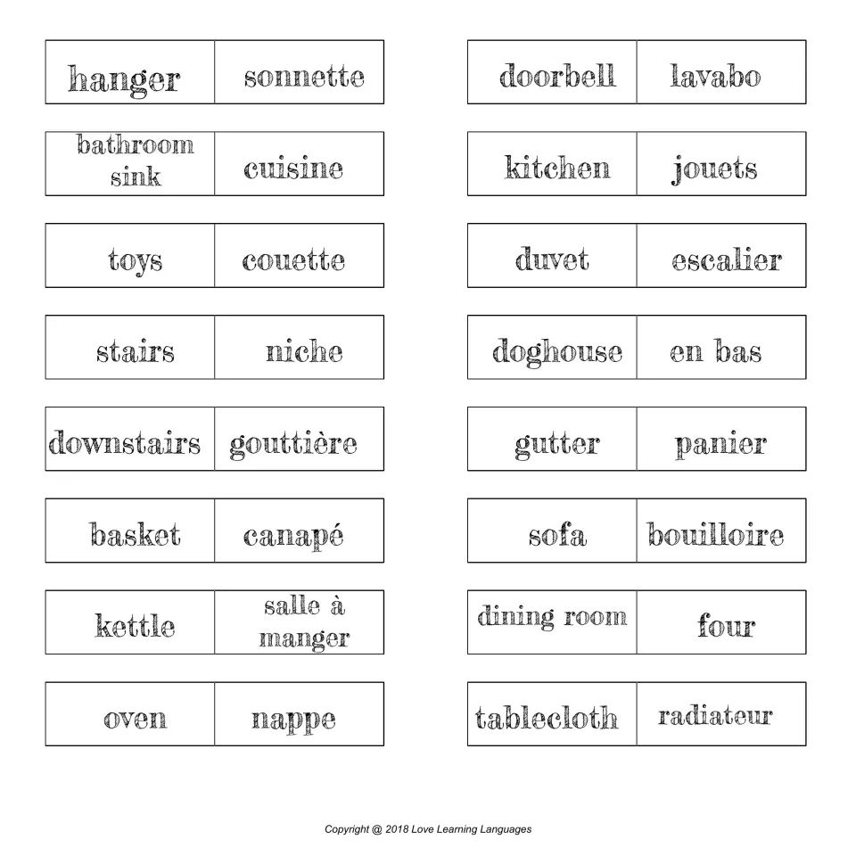 Rooms and household items dominoes: students join cuisine, escalier and canapé to kitchen, stairs and sofa end to end