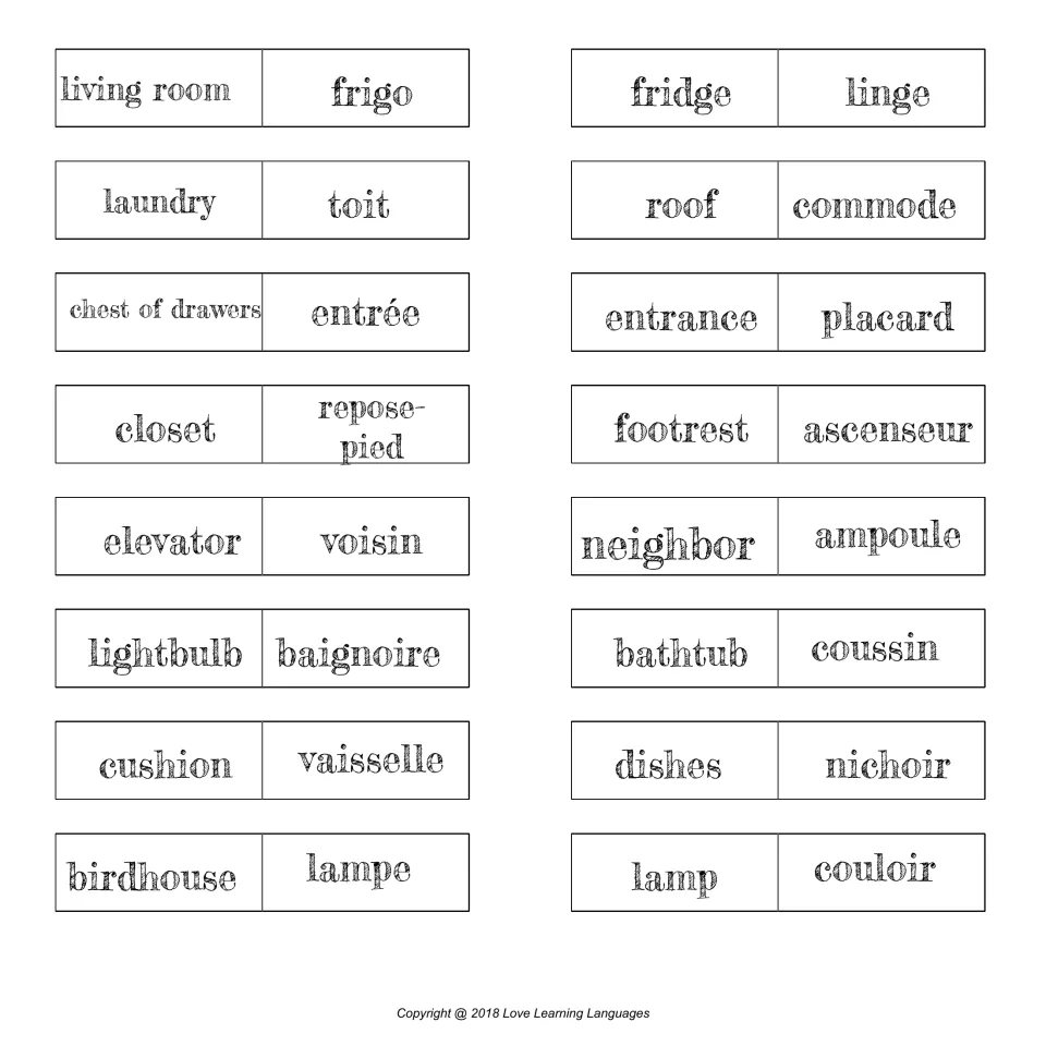 Household word dominoes: students match frigo, toit, baignoire and lampe to fridge, roof, bathtub and lamp, tile to tile