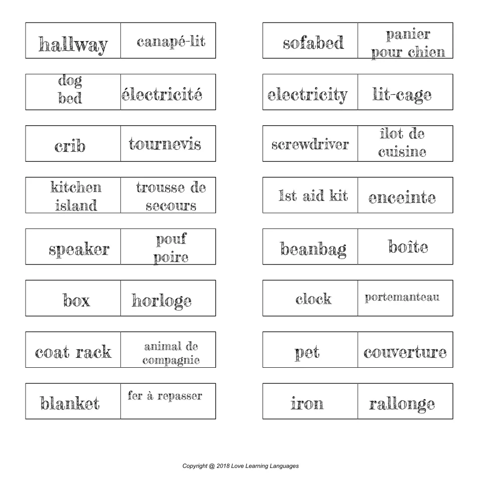 Home objects dominoes: students connect horloge, couverture and tournevis to clock, blanket and screwdriver tiles