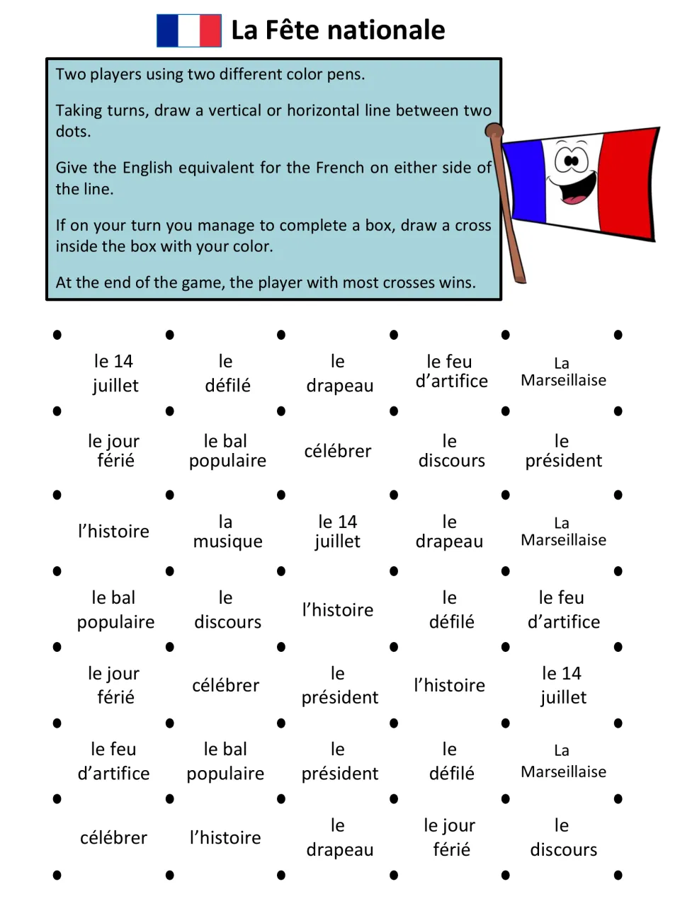 French-to-English game page: le défilé (parade), le drapeau (flag), célébrer (to celebrate) and nine more terms