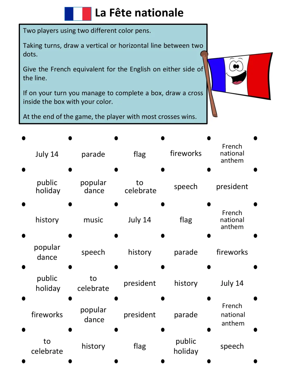 English-to-French game page: July 14, parade, flag, fireworks, French national anthem and seven more terms