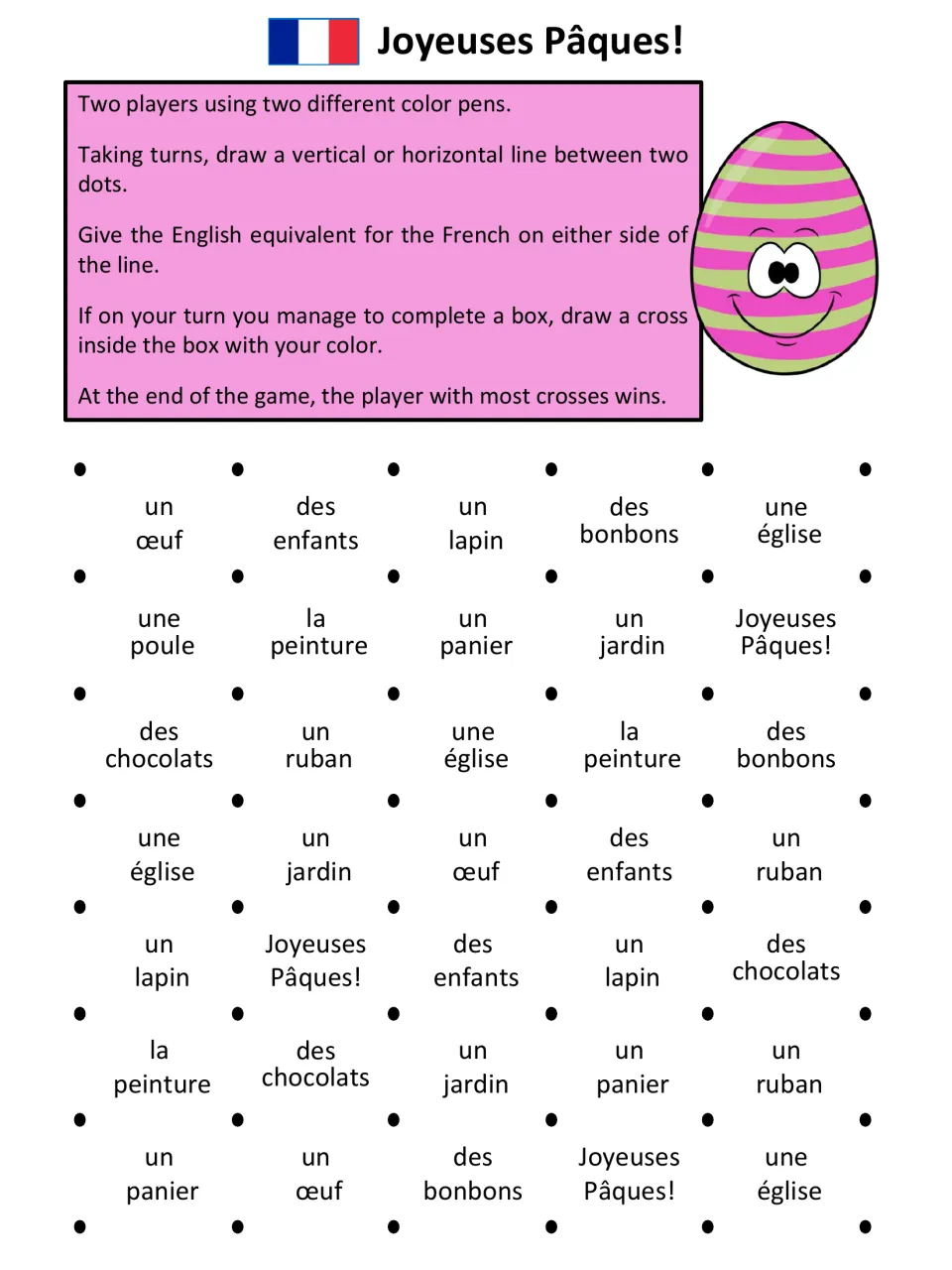 French-to-English Easter game page: un œuf (egg), un lapin (rabbit), des bonbons (candy) and nine more.