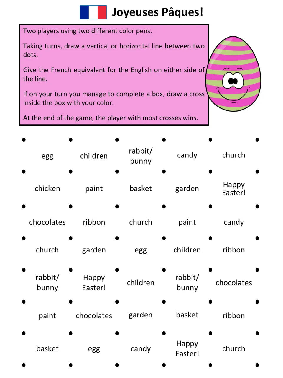 English-to-French Easter game page: egg, children, rabbit/bunny, candy, church and seven more terms.