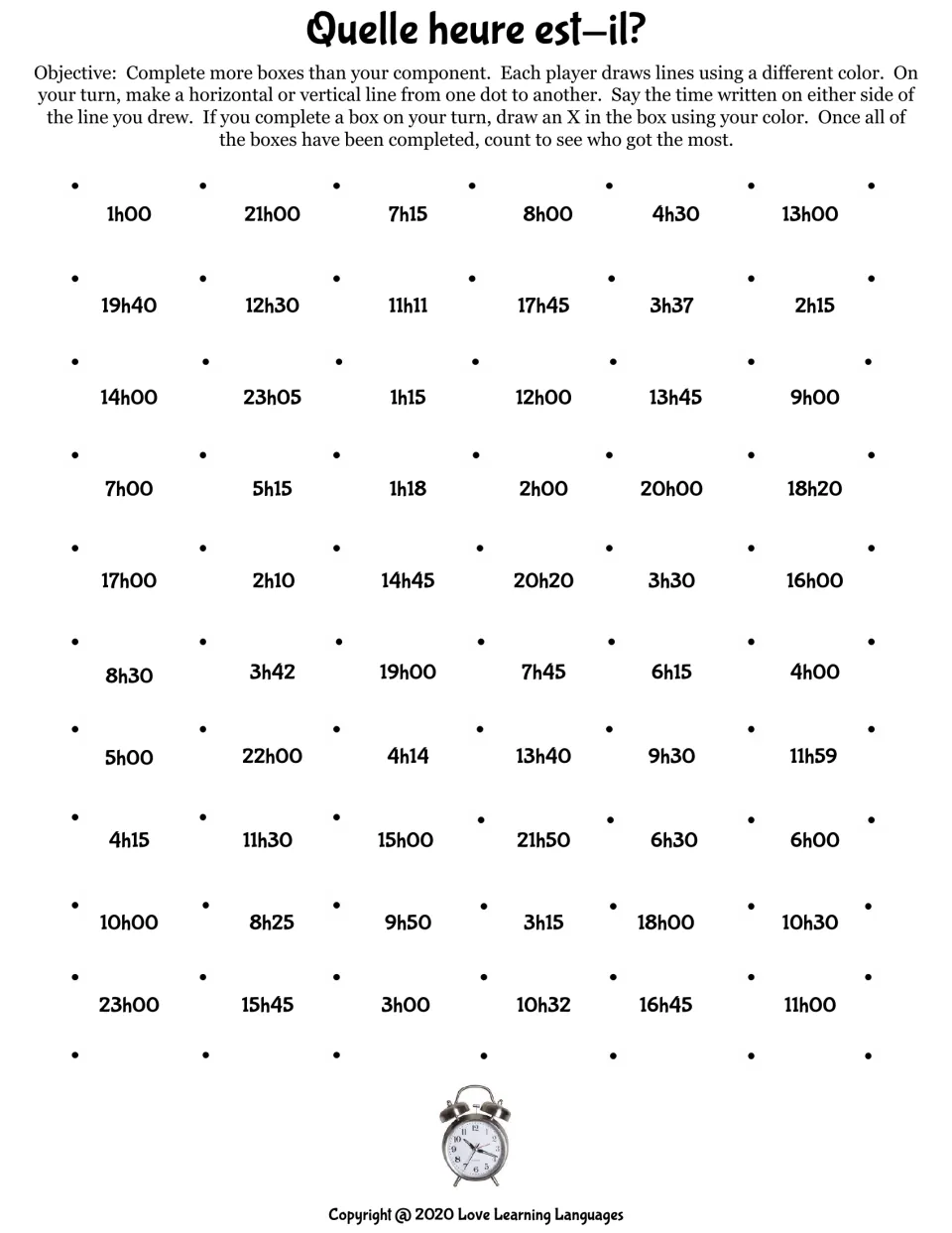 French telling-time game sheet with 60 clock times, including 1h00, 21h00, 7h15 and 8h00, and play directions.