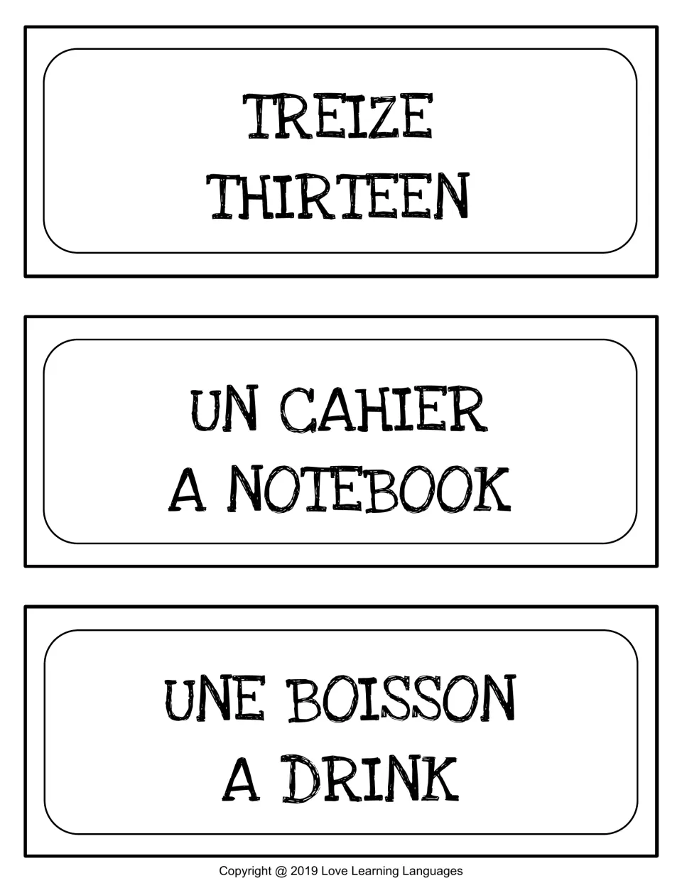French word wall cards 1–3: treize (thirteen), un cahier (a notebook), une boisson (a drink)