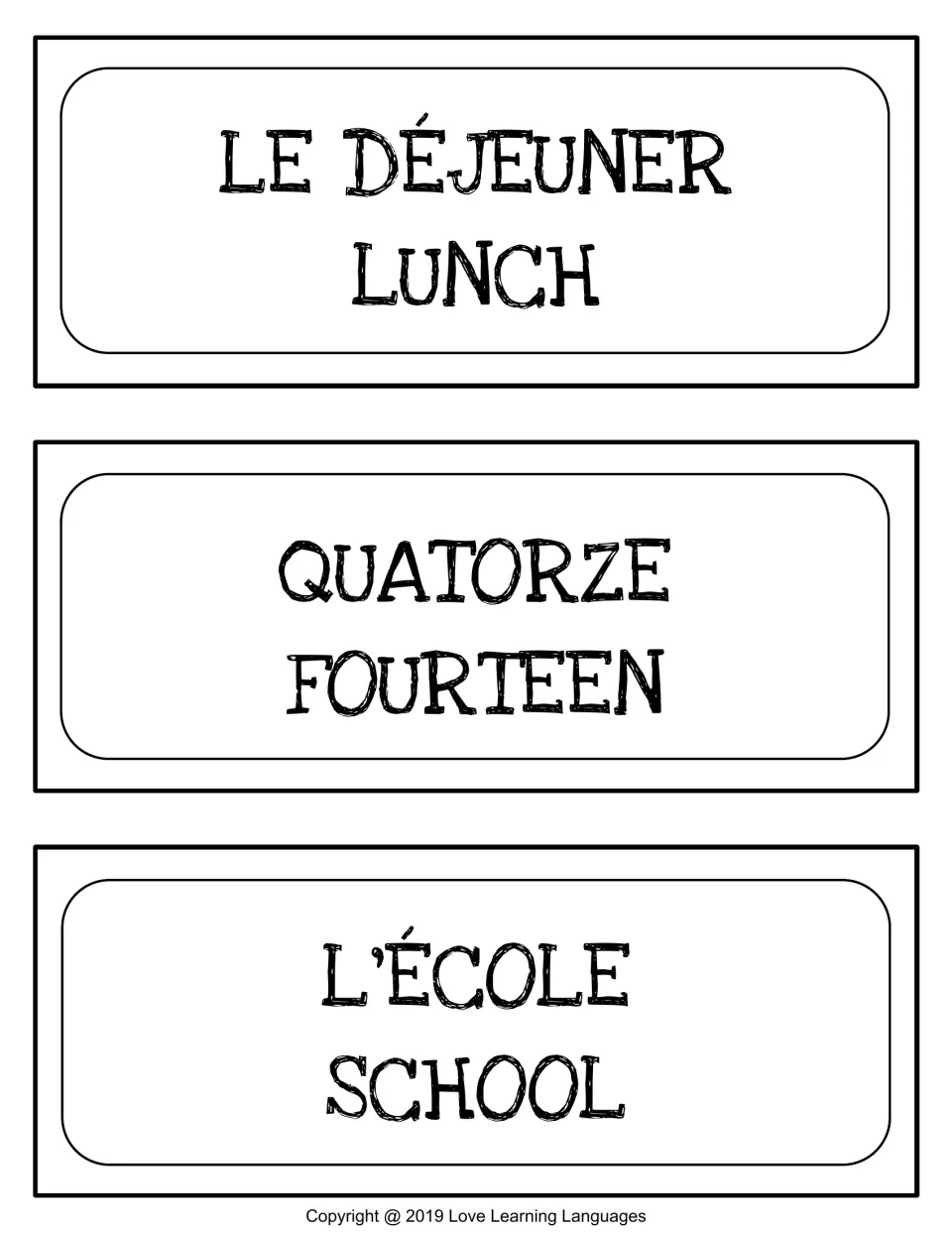 French word wall cards 4–6: le déjeuner (lunch), quatorze (fourteen), l'école (school)