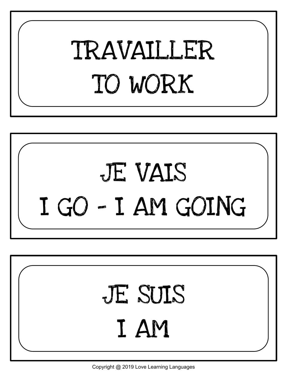 French word wall cards 7–9: travailler (to work), je vais (I go, I am going), je suis (I am)