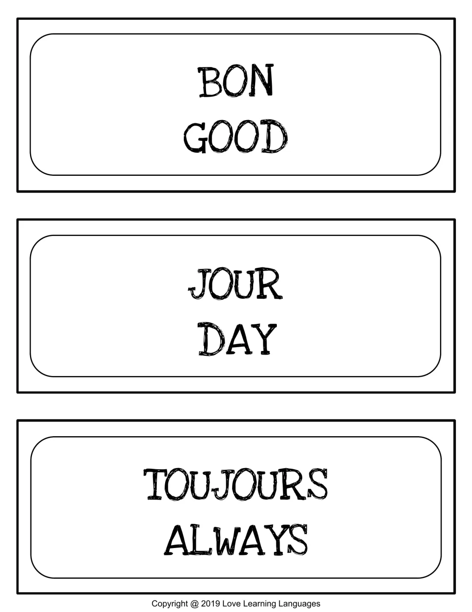 French word wall cards 1–3 of 10: bon (good), jour (day), and toujours (always), with English translations