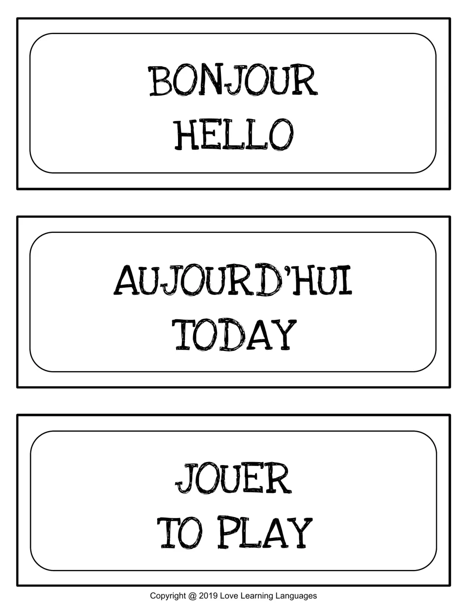 French word wall cards 4–6 of 10: bonjour (hello), aujourd’hui (today), and jouer (to play)