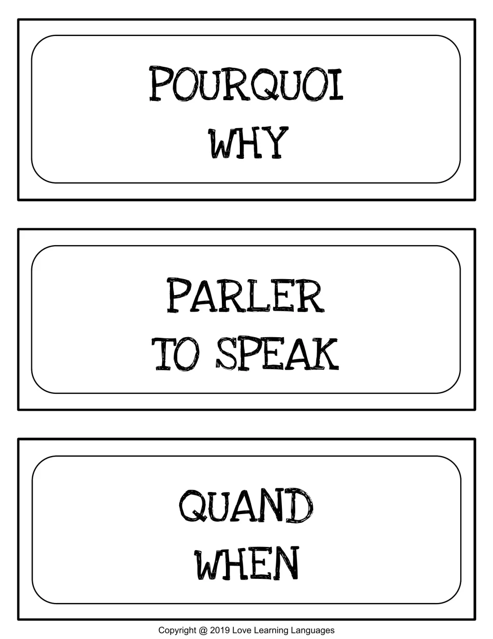 French word wall cards 7–9 of 10: pourquoi (why), parler (to speak), and quand (when)