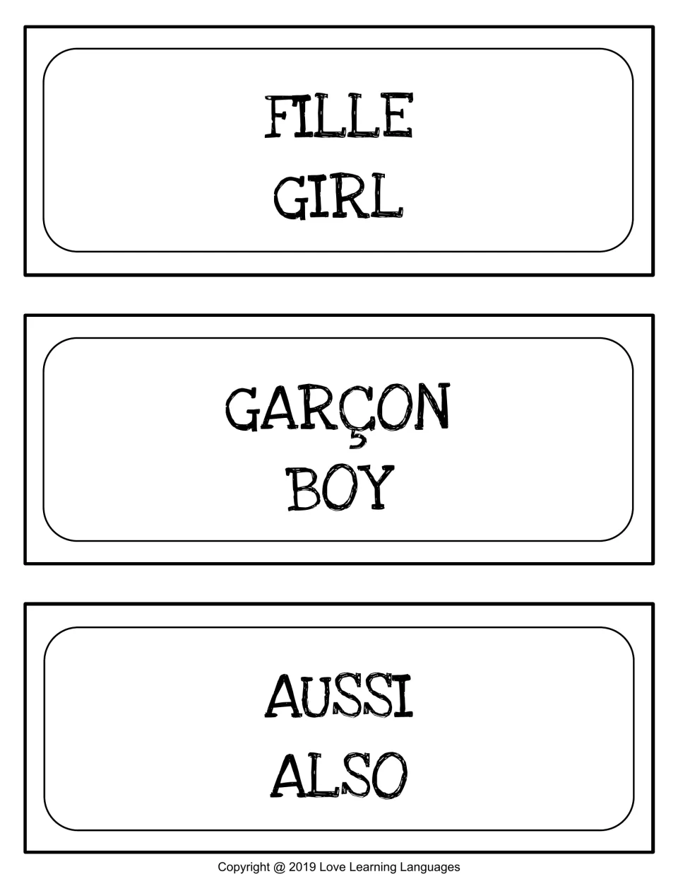 French word wall cards 1–3: fille (girl), garçon (boy) and aussi (also), French word above English meaning