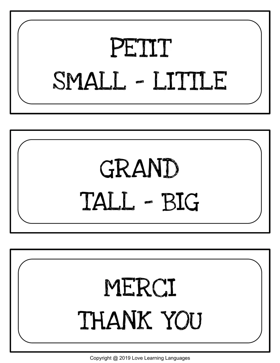 Word wall cards 4–6: petit (small, little), grand (tall, big) and merci (thank you), French with English below