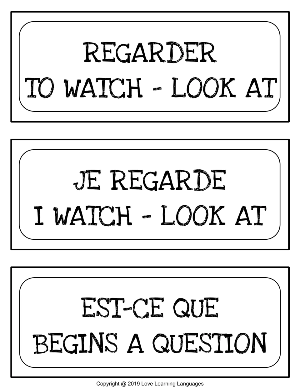 Word wall cards 7–9: regarder (to watch), je regarde (I watch) and est-ce que, which begins a question