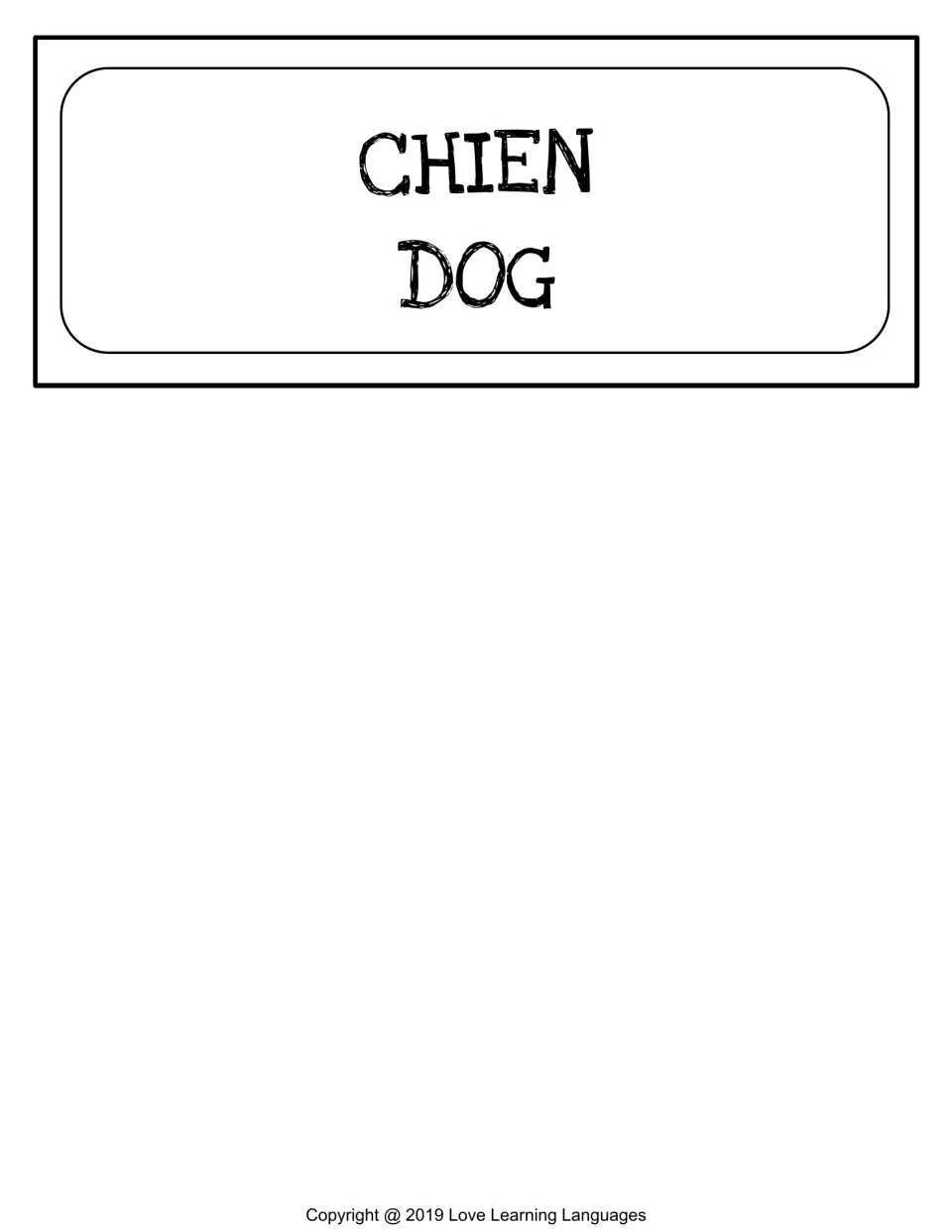 Final French word wall card: chien (dog), with the French word above its English meaning