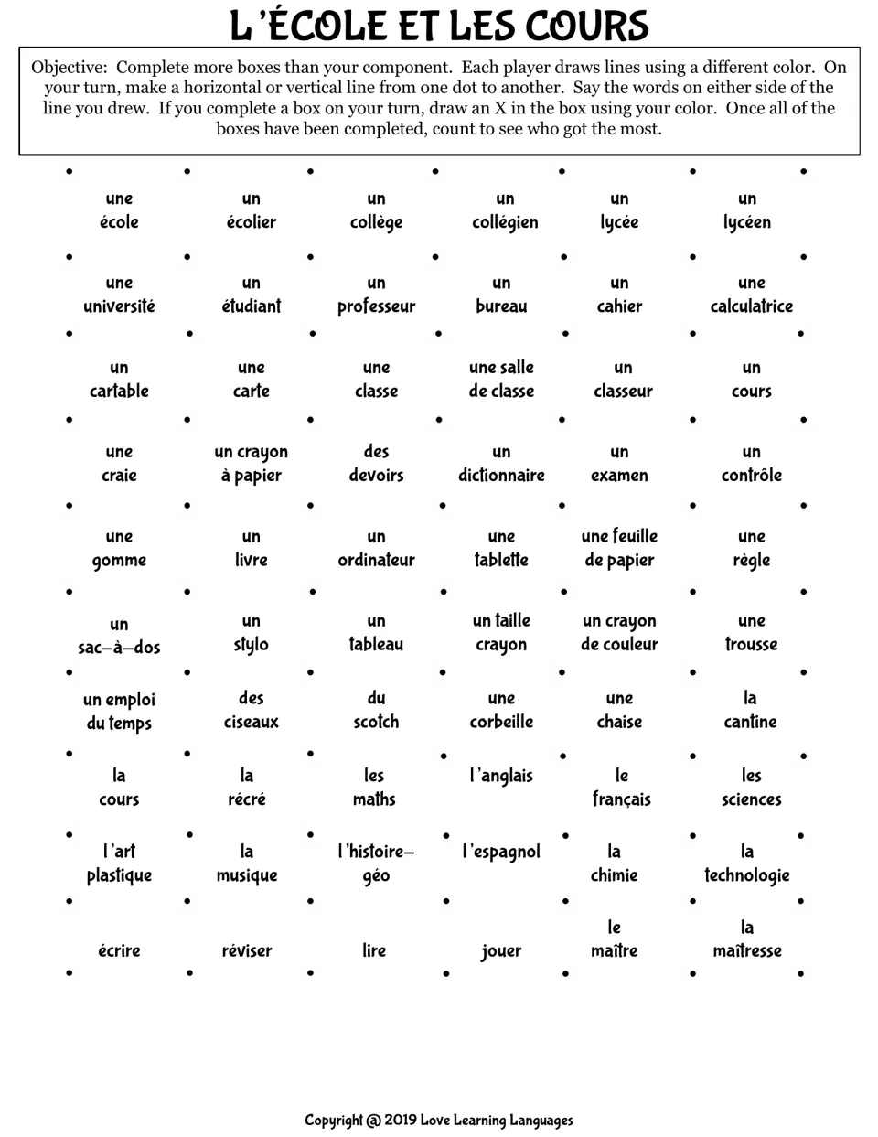 L'école et les cours: players join dots and say the two French school words, like un cahier or la récré, beside each line