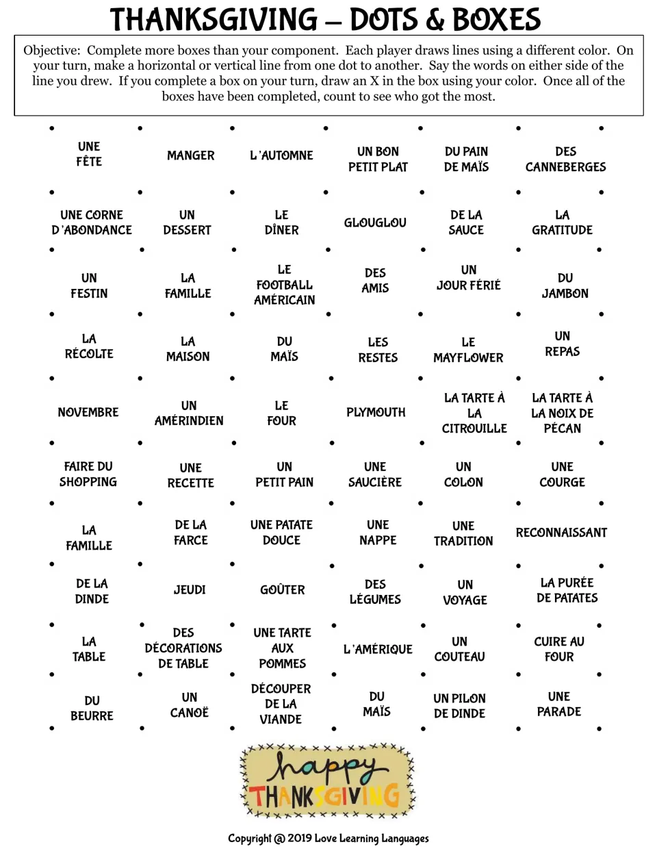 Thanksgiving dots and boxes directions plus 60 French words: une fête (party), de la dinde (turkey) and more