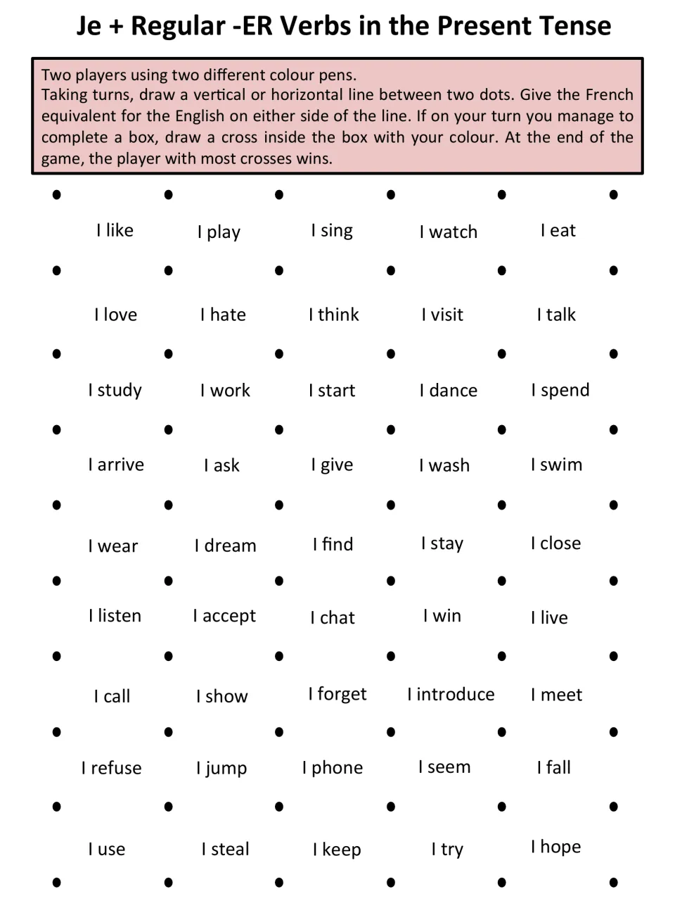 English-to-French game sheet: 45 prompts for je present-tense verbs, including I like, I play and I sing