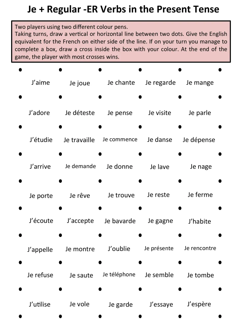 French-to-English game sheet: 45 je verb forms, including j’aime (I like), je joue (I play) and je chante (I sing)
