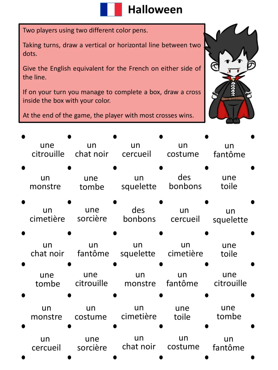 French-to-English Halloween game: une citrouille (pumpkin), un chat noir (black cat) and 10 more words