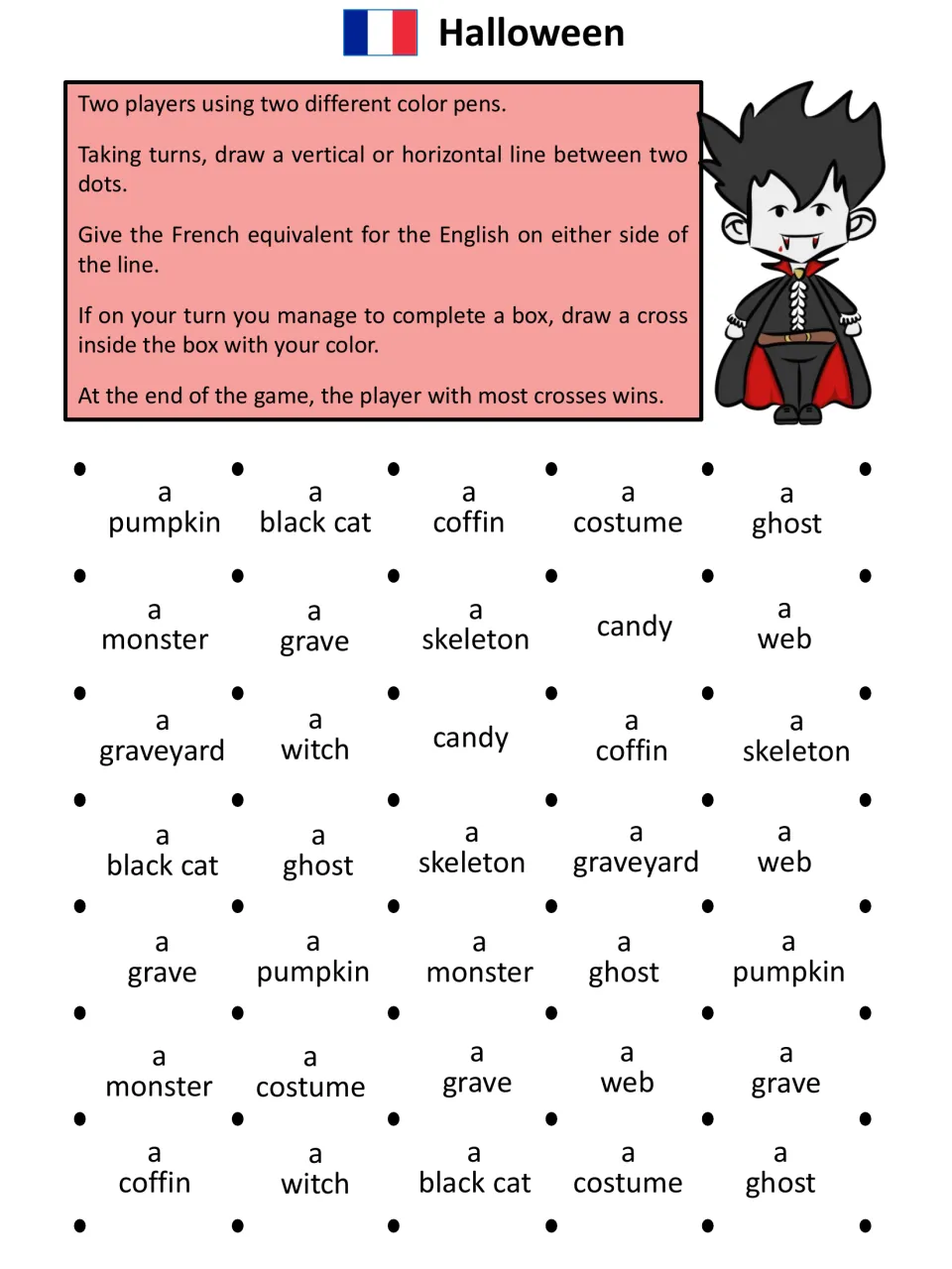English-to-French Halloween game: pumpkin, black cat, coffin, costume, ghost and seven more words