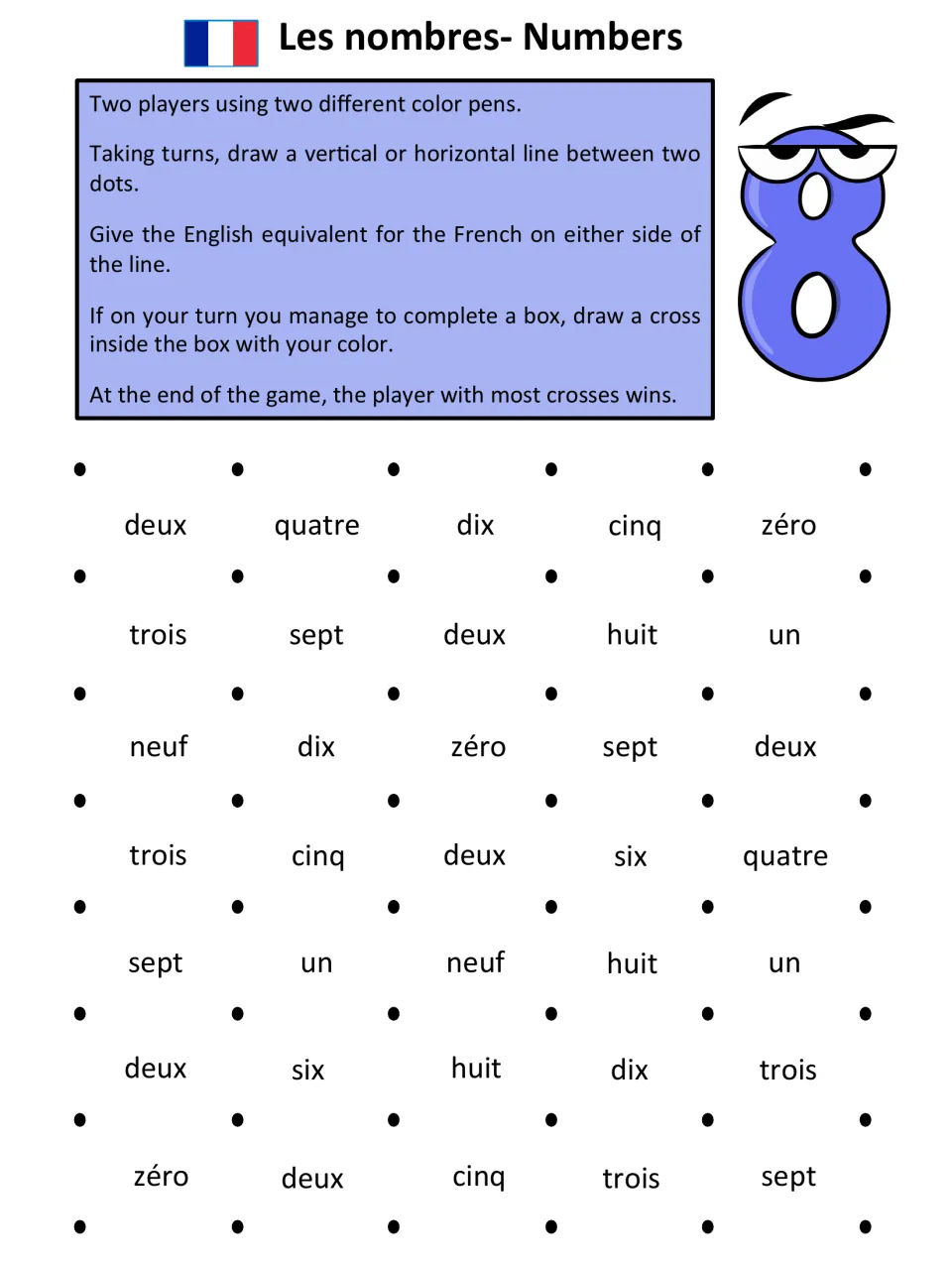 French-to-English game page: 35 number prompts from zéro (zero) to dix (ten), with rules for two players.