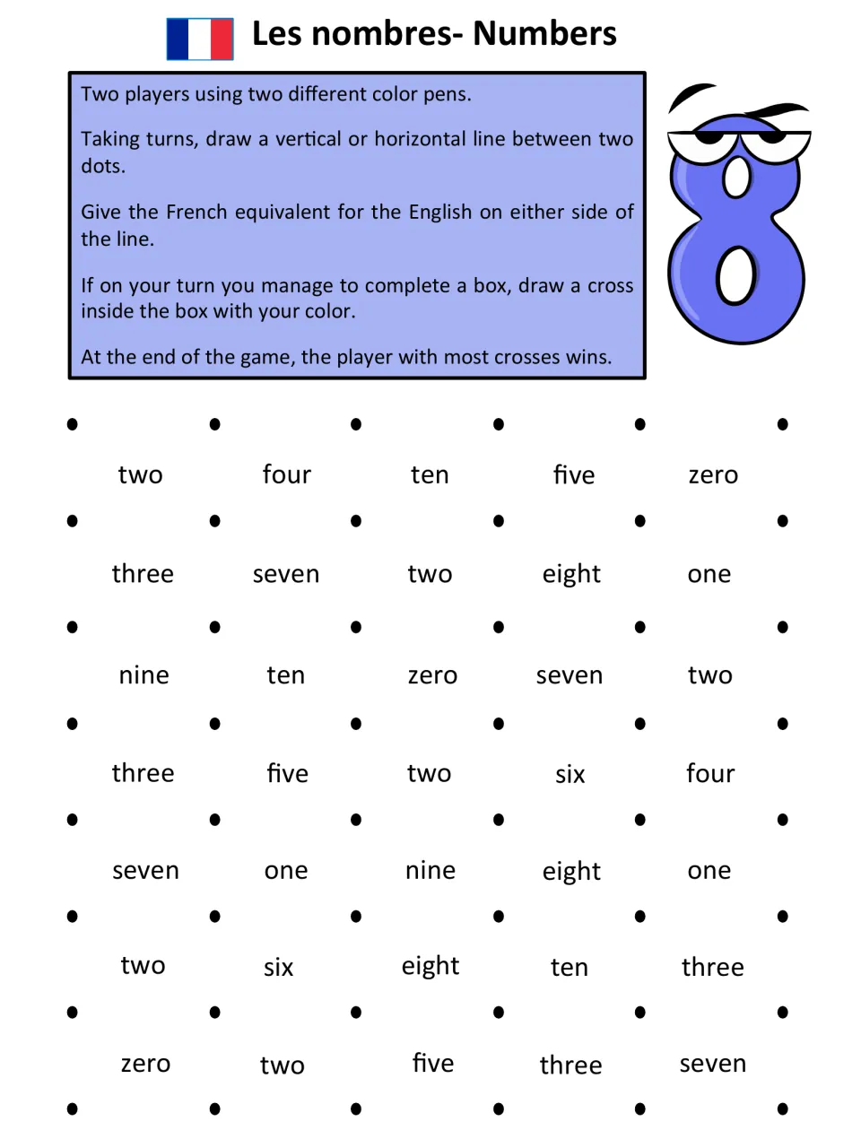 English-to-French game page: 35 number prompts from zero to ten, with translation rules for two players.
