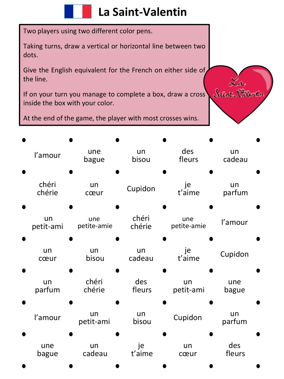 French-to-English game sheet: l’amour (love), une bague (ring), un bisou (kiss), and Valentine vocabulary