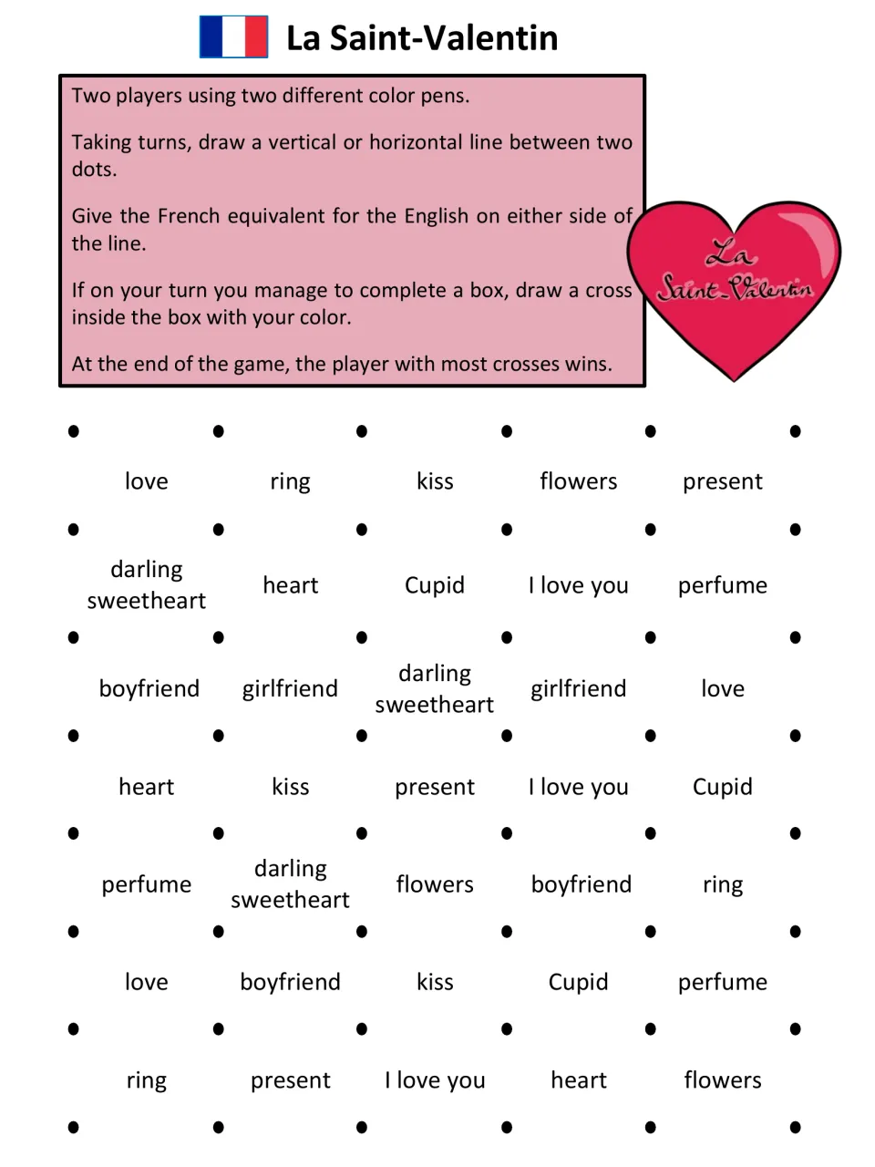 English-to-French game sheet: love, ring, kiss, flowers, present, and other Valentine vocabulary