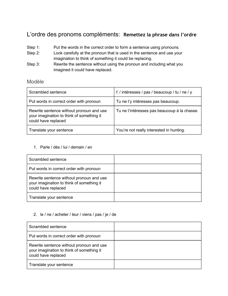 Ordering French object pronouns: steps, a worked model, then items 1-2 to unscramble, rewrite without pronoun and translate