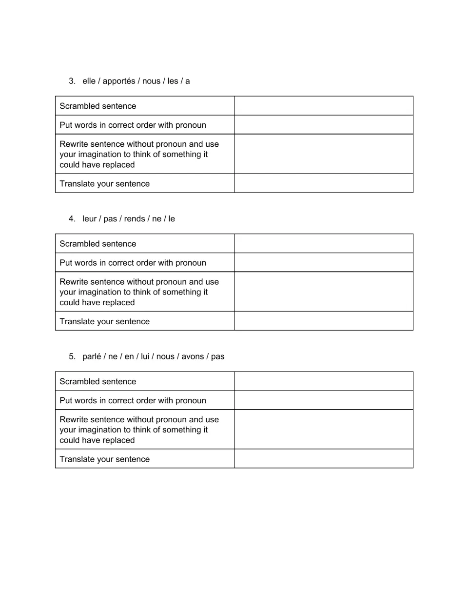 French pronoun order items 3-5: students unscramble sentences with les, leur, lui and en, then rewrite and translate each