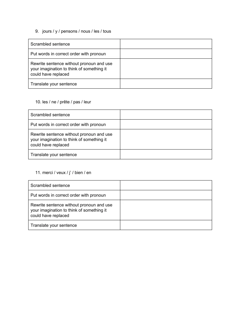 Items 9-11 unscrambling French sentences with y, les, leur and en, then rewriting with an imagined noun and translating