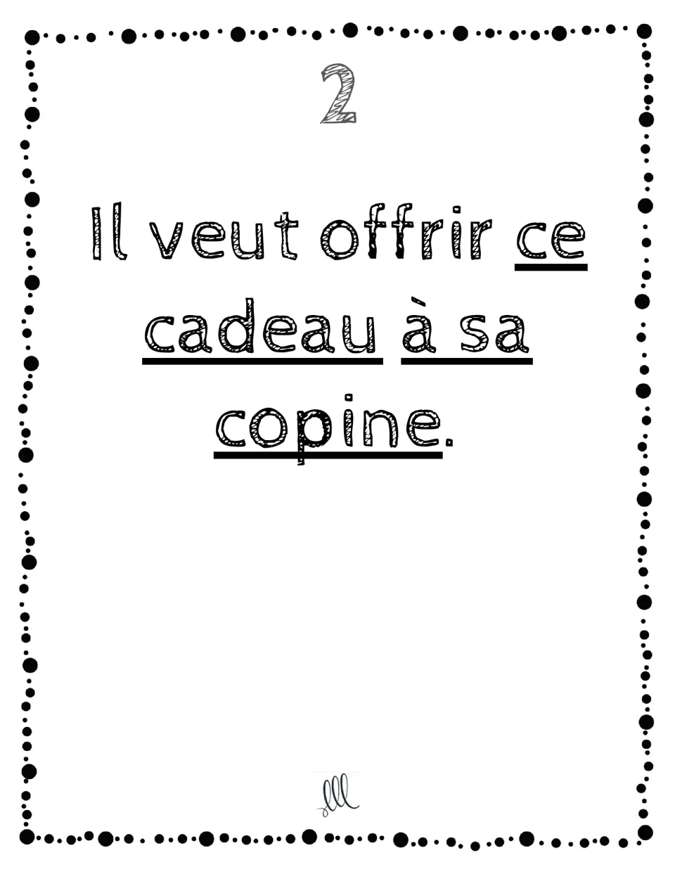 French pronoun card 2: Il veut offrir ce cadeau à sa copine (He wants to give this gift to his girlfriend).