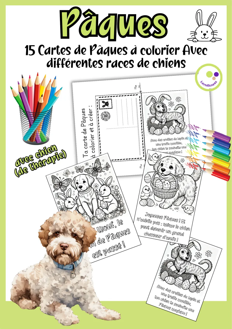 Cover of the French Easter coloring card set, announcing 15 cards featuring different dog breeds