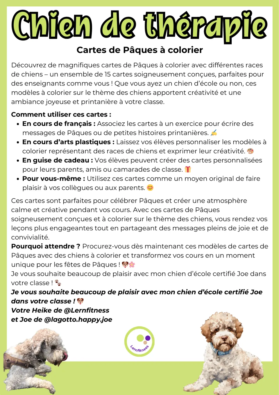 Teacher introduction to the French Easter cards, suggesting French writing, art lessons, and gift giving