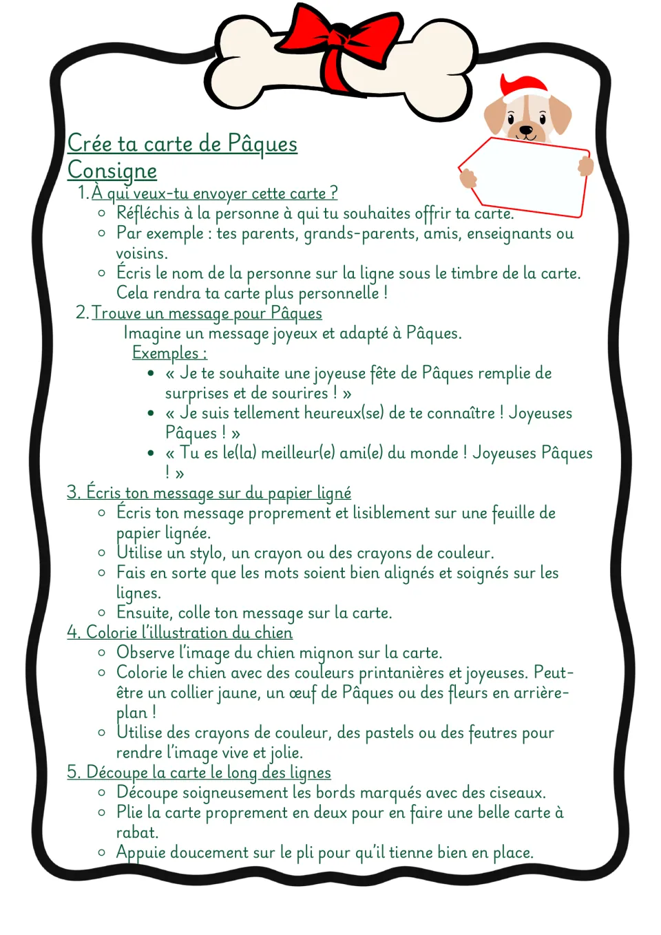 Color directions for making an Easter card: choose a recipient, write a message, color, cut, and fold