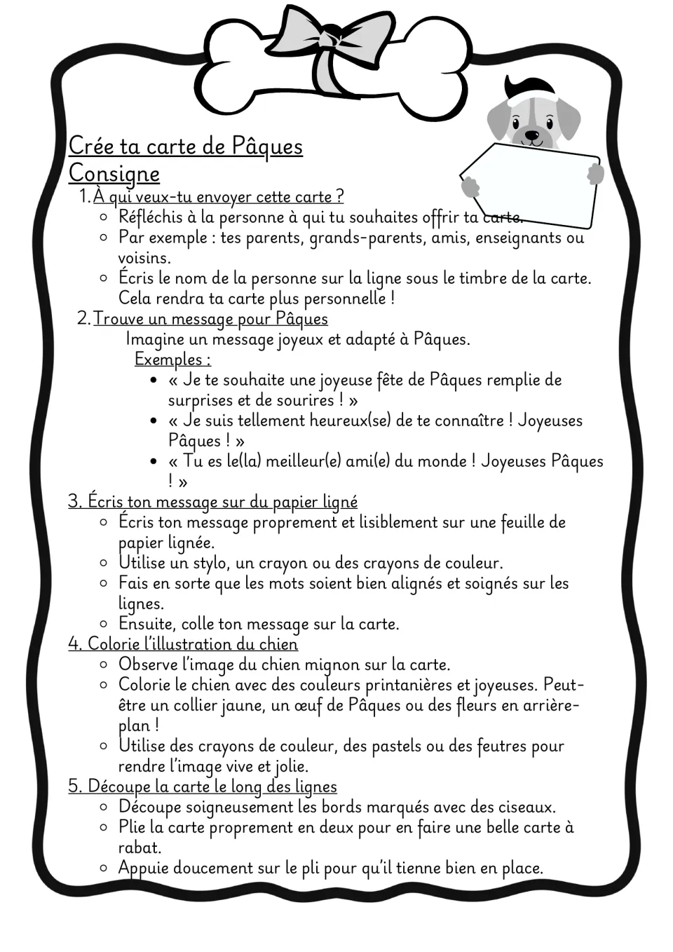 Black-and-white directions for an Easter card: choose a recipient, write a message, color, cut, and fold