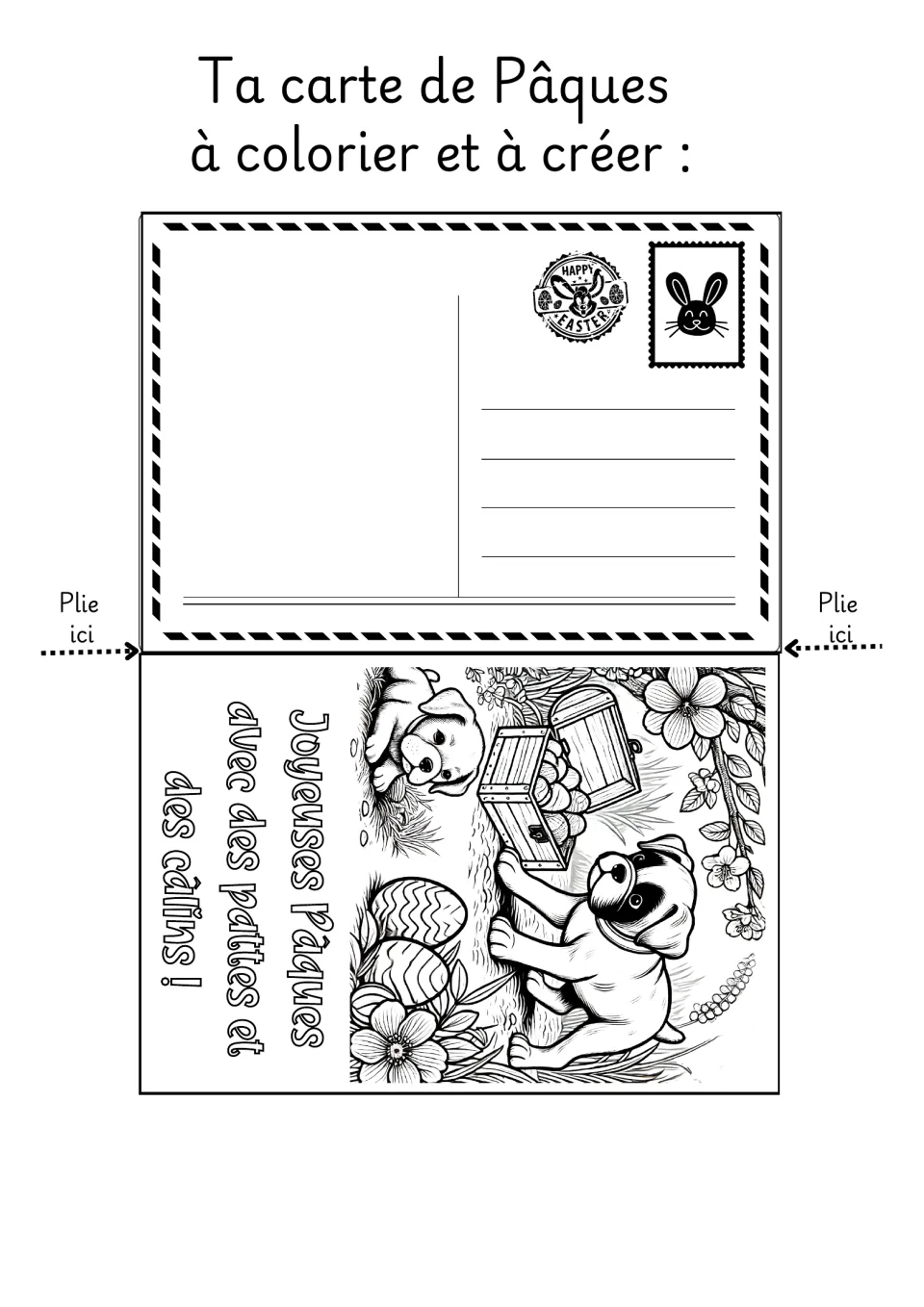 French Easter coloring card 1: dogs beside eggs and a chest, with a greeting meaning Happy Easter with hugs