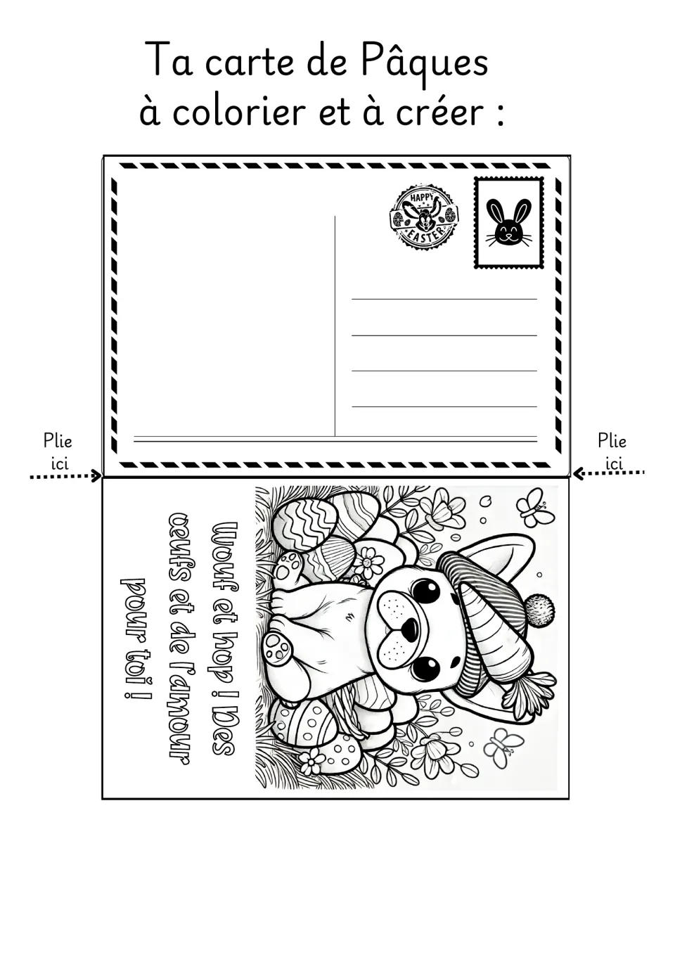 French Easter coloring card 2: a puppy in a knit hat, with a greeting about eggs and love for the recipient