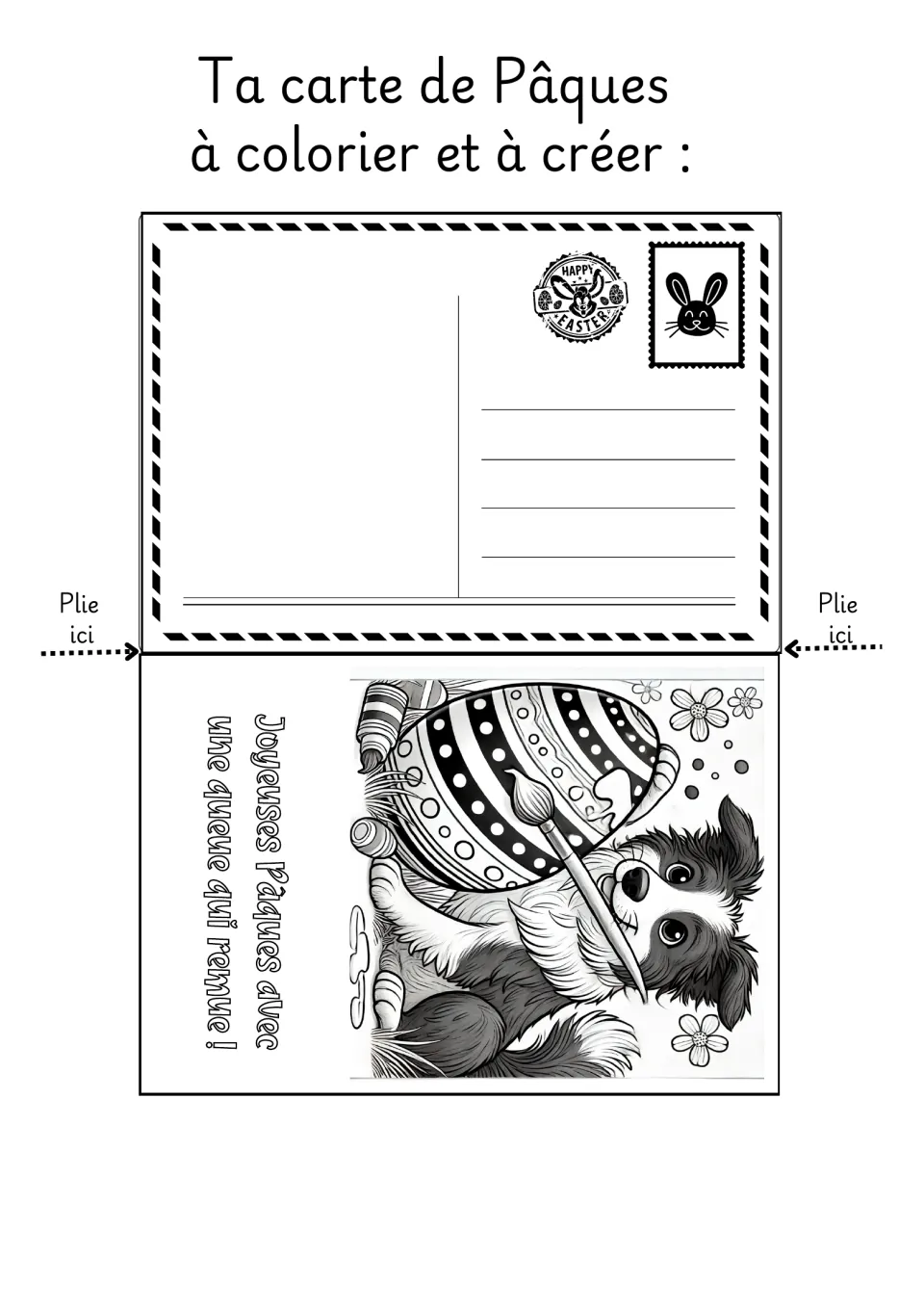 French Easter coloring card 4: a dog painting a patterned egg, with a greeting about Easter and a wagging tail