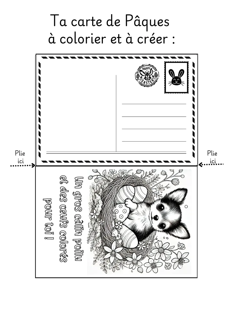 French Easter coloring card 5: a puppy in a nest of eggs, with a greeting offering a furry hug and colored eggs