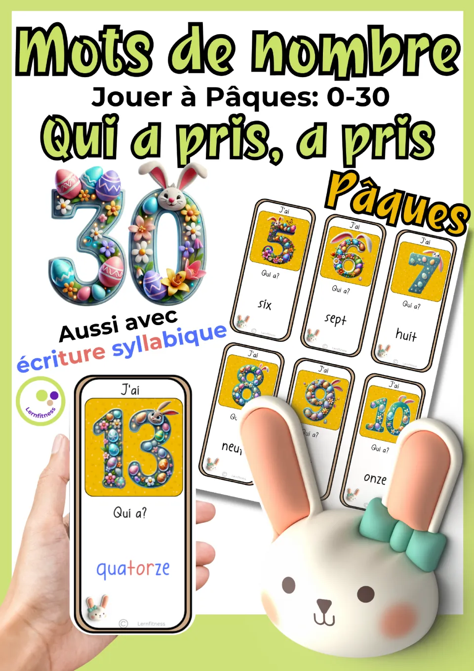 Cover of the Easter French number game for 0–30, showing sample J’ai (I have) cards and syllable-colored words