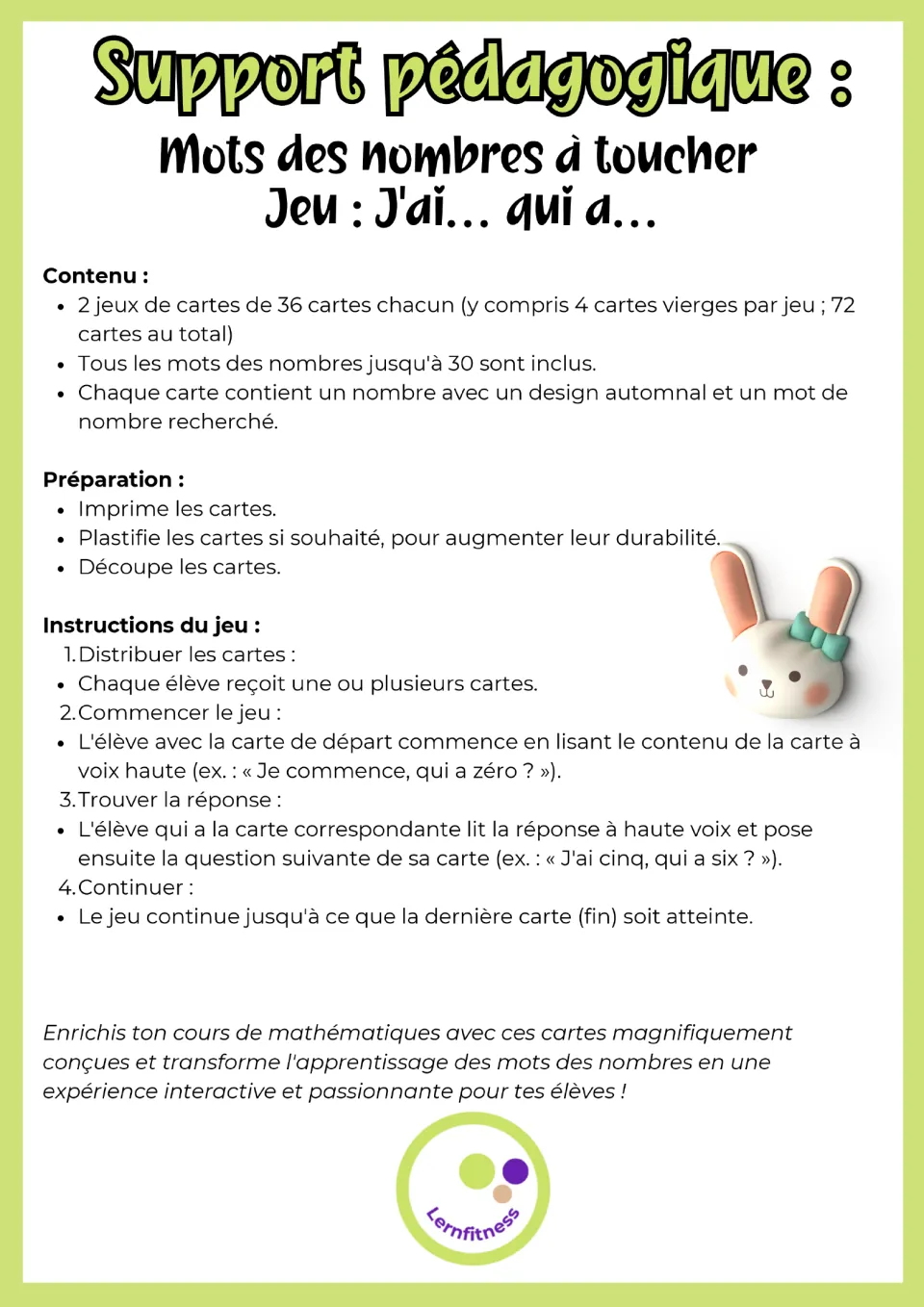 French number game instructions list two 36-card sets and explain printing, cutting, dealing, and reading aloud