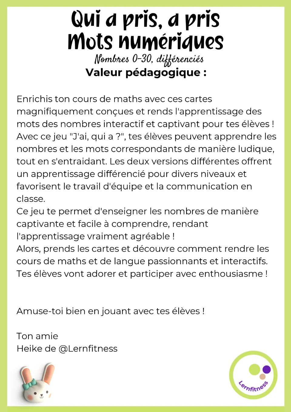 Teaching notes for the French number game explain number-word practice, two versions, and classroom teamwork