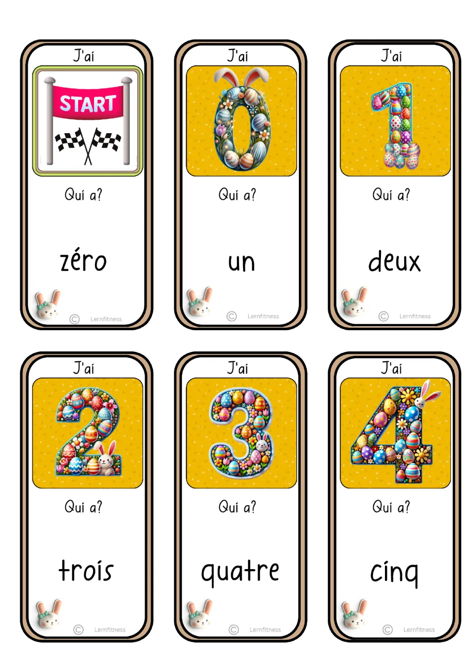 French number game cards: Start and numerals 0–4, asking for zéro (zero) through cinq (five) in sequence