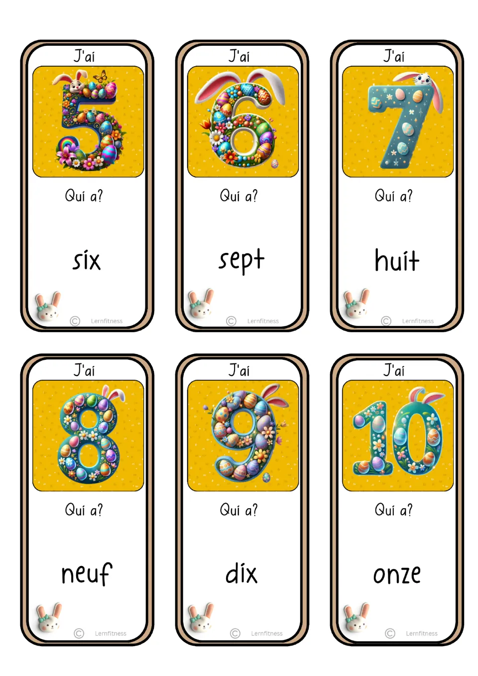 French number game cards for numerals 5–10, asking for six (six) through onze (eleven) in sequence