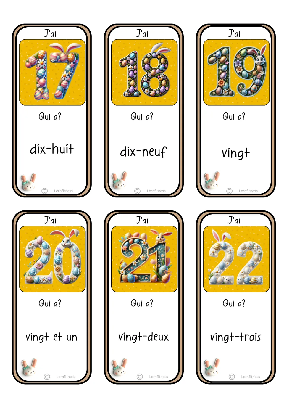 French number game cards for numerals 17–22, asking for dix-huit (eighteen) through vingt-trois (twenty-three)