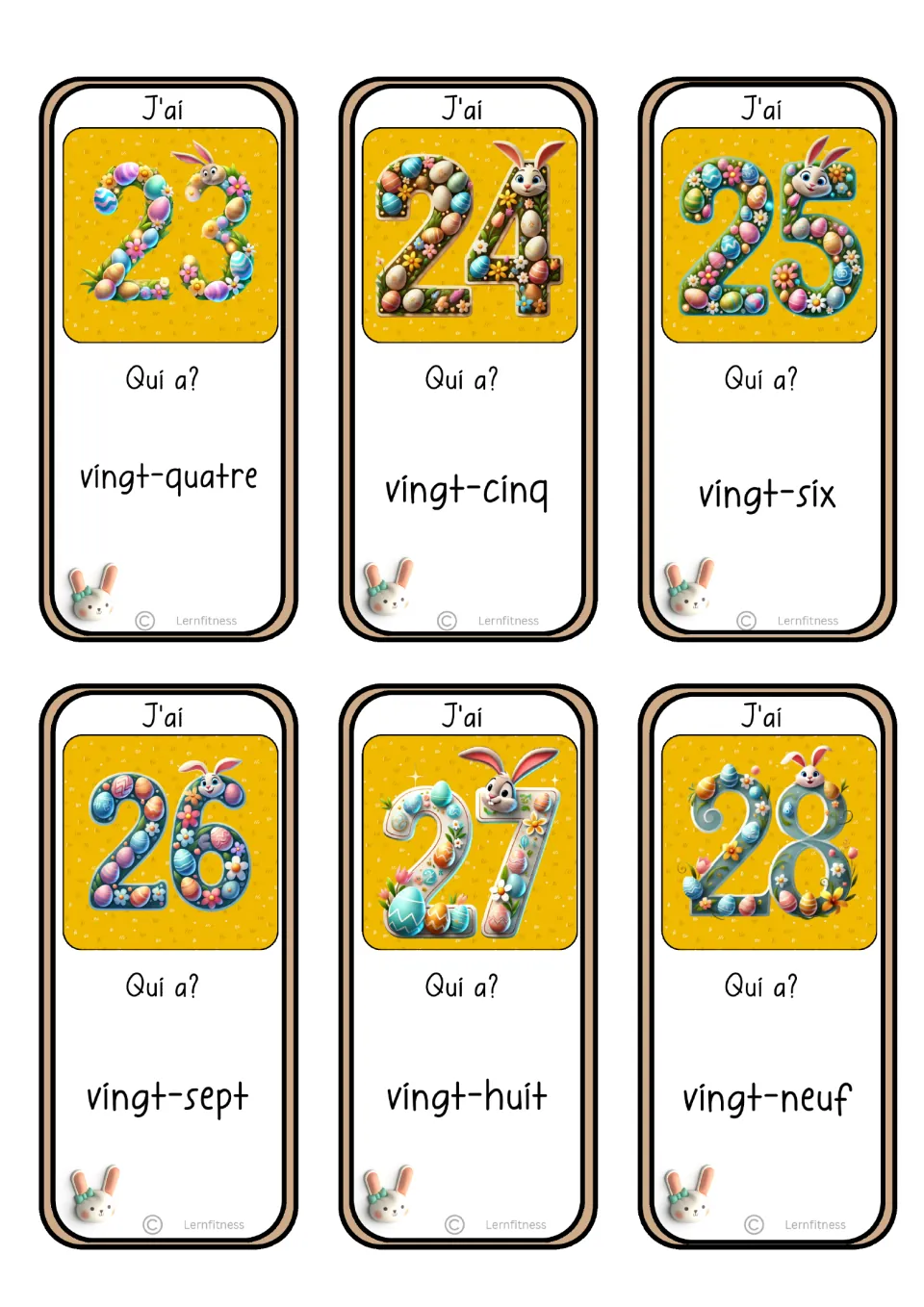 French number game cards for numerals 23–28, with next-number prompts from vingt-quatre to vingt-neuf (twenty-nine)