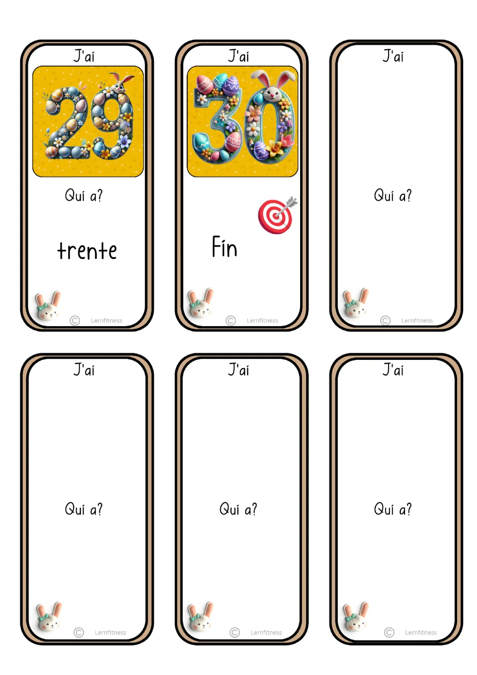 French number game final sheet: 29 asks for trente (thirty), 30 marks Fin (end), plus four blank cards