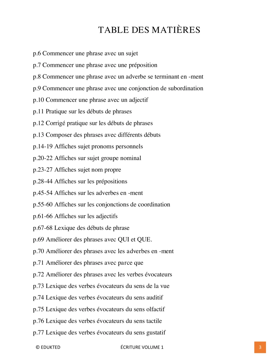 Contents, part 1: French sentence beginnings, practice, posters, and sensory verb lists on pages 6–77