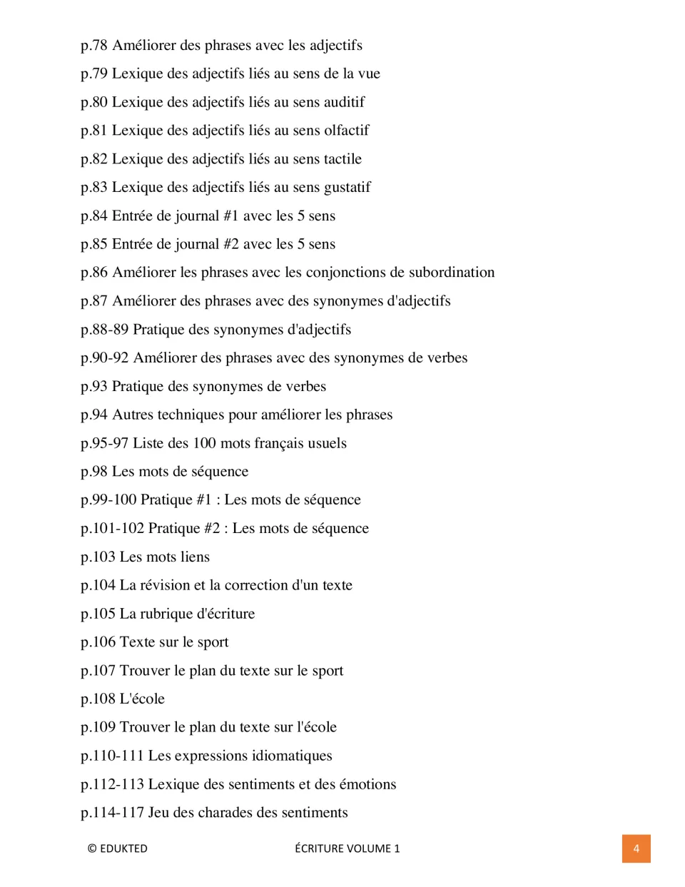 Contents, part 2: French adjectives, synonyms, sequencing, revision, and emotion activities on pages 78–117